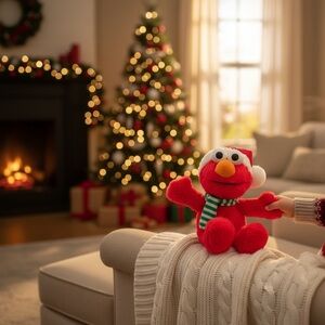 Vintage Sesame Street Christmas Elmo Red Plush Toy with Santa hat.